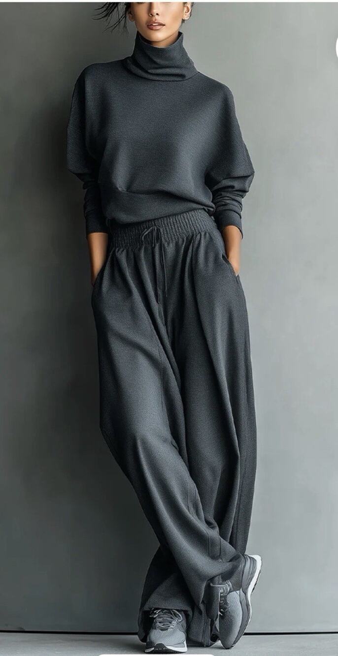 MODESEES M Gray Turtleneck Sweater Wide-Leg Drawstring Pants Set